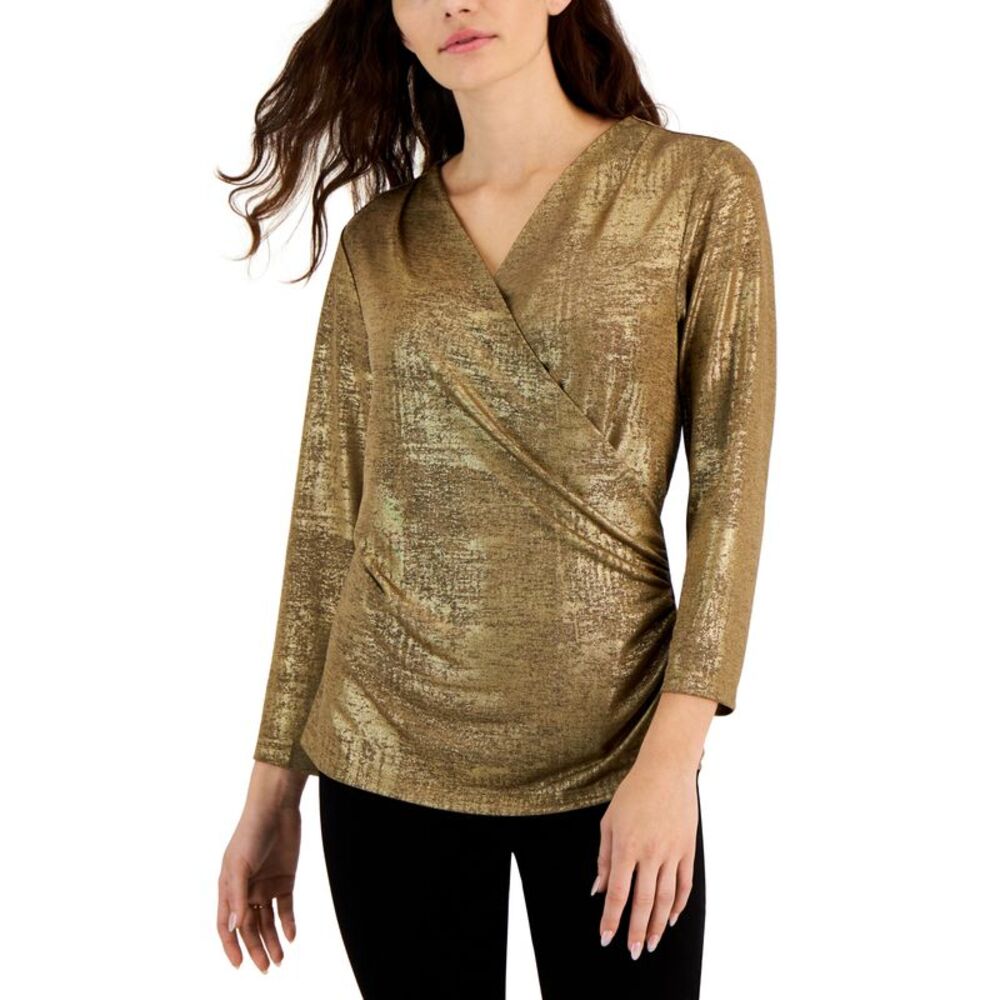 JPR Studio Womens Metallic Surplice Faux Wrap Top